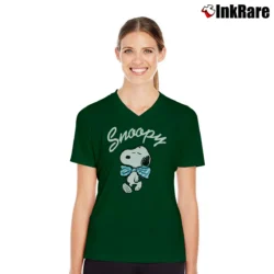 Women’s Snoopy Peanuts Pink Cartoon V-Neck Tee in forest green | Chic Neckline, Soft Texture
