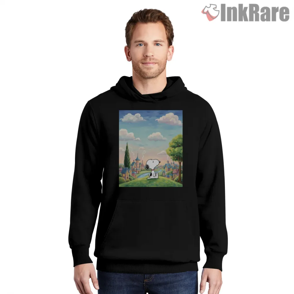 Snoopy Peanuts Scenic Landscape Graphic Shirt on black hoodie for men graphic tee