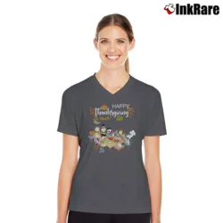 Women’s Snoopy Peanuts Thanksgiving Friends Party V-Neck Tee in charcoal | Chic Neckline, Soft Texture