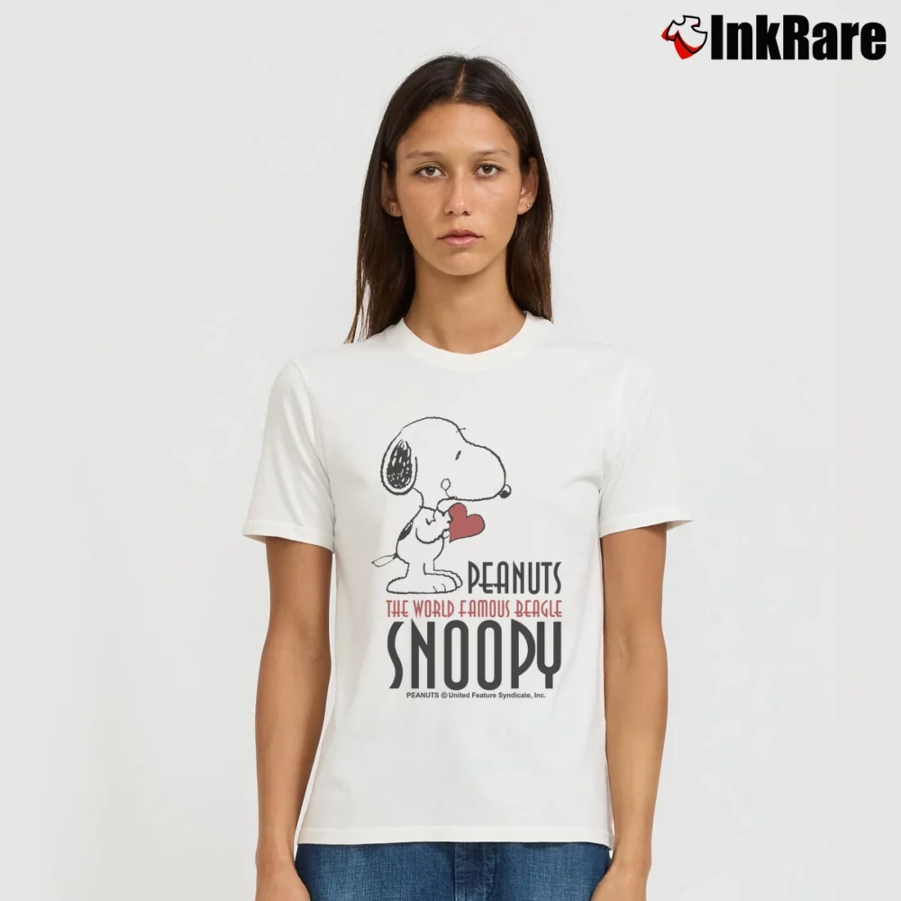 Women’s Snoopy Peanuts The World Famous Beagle Cartoon Signature T-Shirt in white | Soft, Flattering Fit