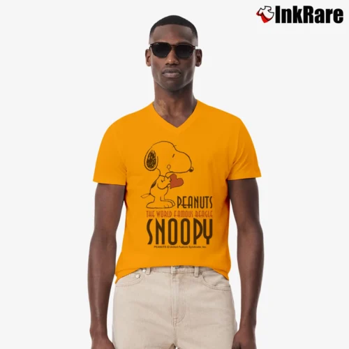 Snoopy Peanuts The World Famous Beagle Cartoon Men’s V-Neck Tee in orange – Modern Essential Men’s Snoopy Peanuts The World Famous Beagle Cartoon V-Neck Tee in orange | Sharp, Breathable, Everyday Staple
