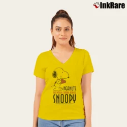 Women’s Snoopy Peanuts The World Famous Beagle Cartoon V-Neck Tee in yellow | Chic Neckline, Soft Texture