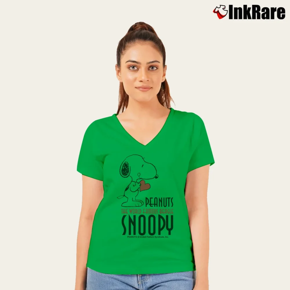 Women’s Snoopy Peanuts The World Famous Beagle V-Neck Tee in irish green | Chic Neckline, Soft Texture