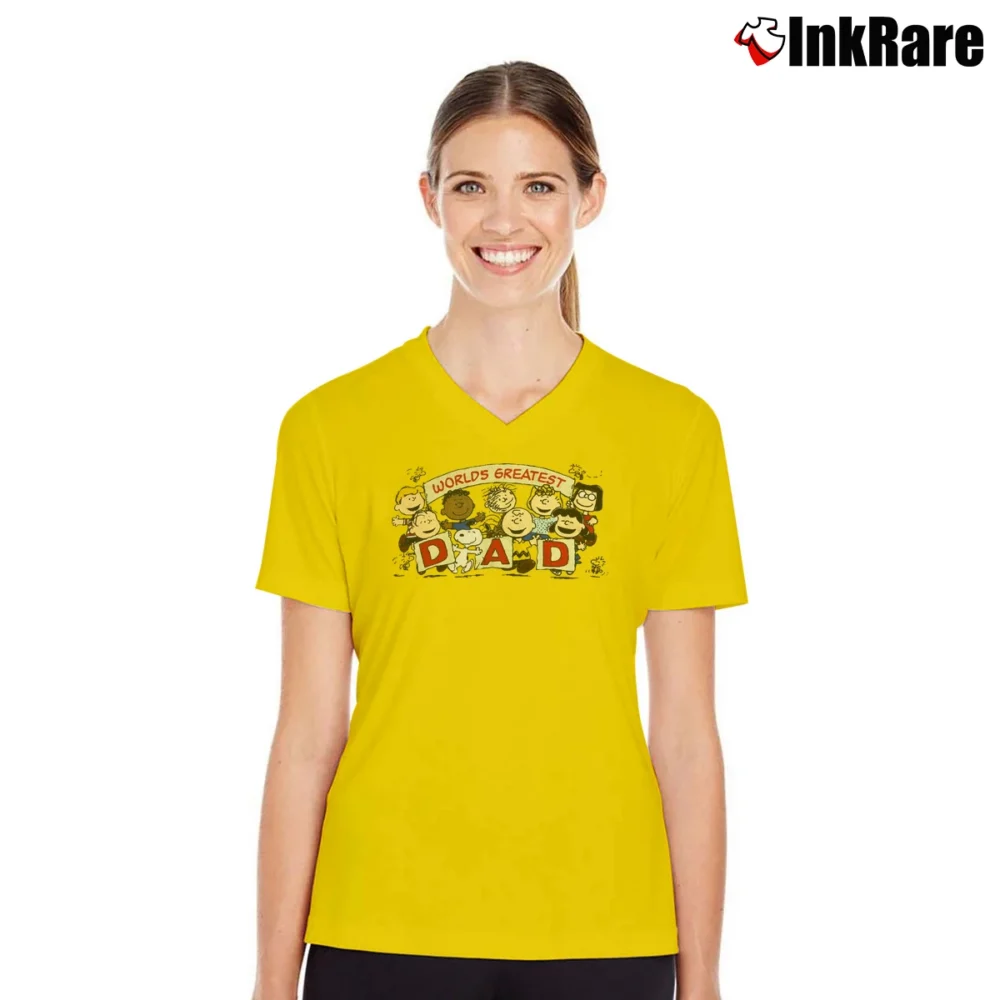 Women’s Snoopy Peanuts World's Greatest Dad Classic V-Neck Tee in yellow | Chic Neckline, Soft Texture