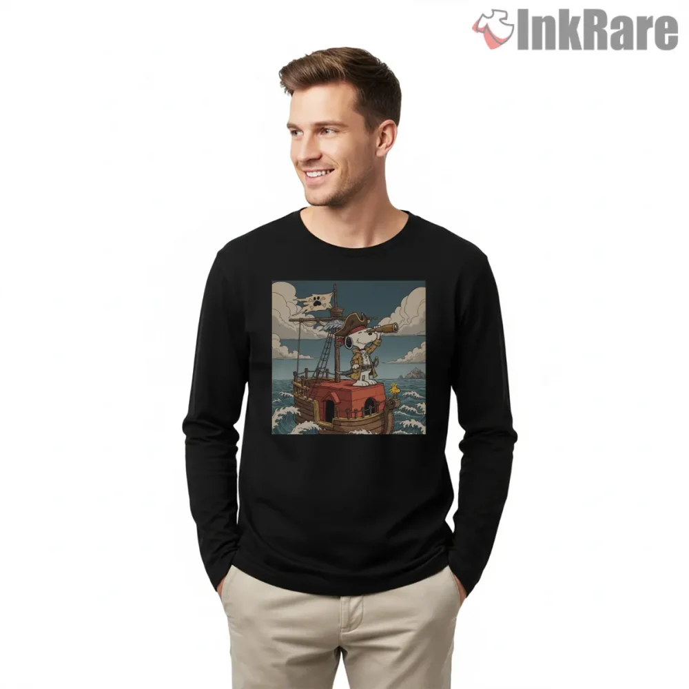 Snoopy Pirate Captain Adventure Ship Shirt on black long sleeve shirt for men graphic tee