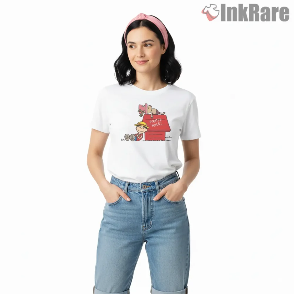 Snoopy Pirate Crew Adventure Mashup Shirt on white short sleeve shirt for women graphic tee