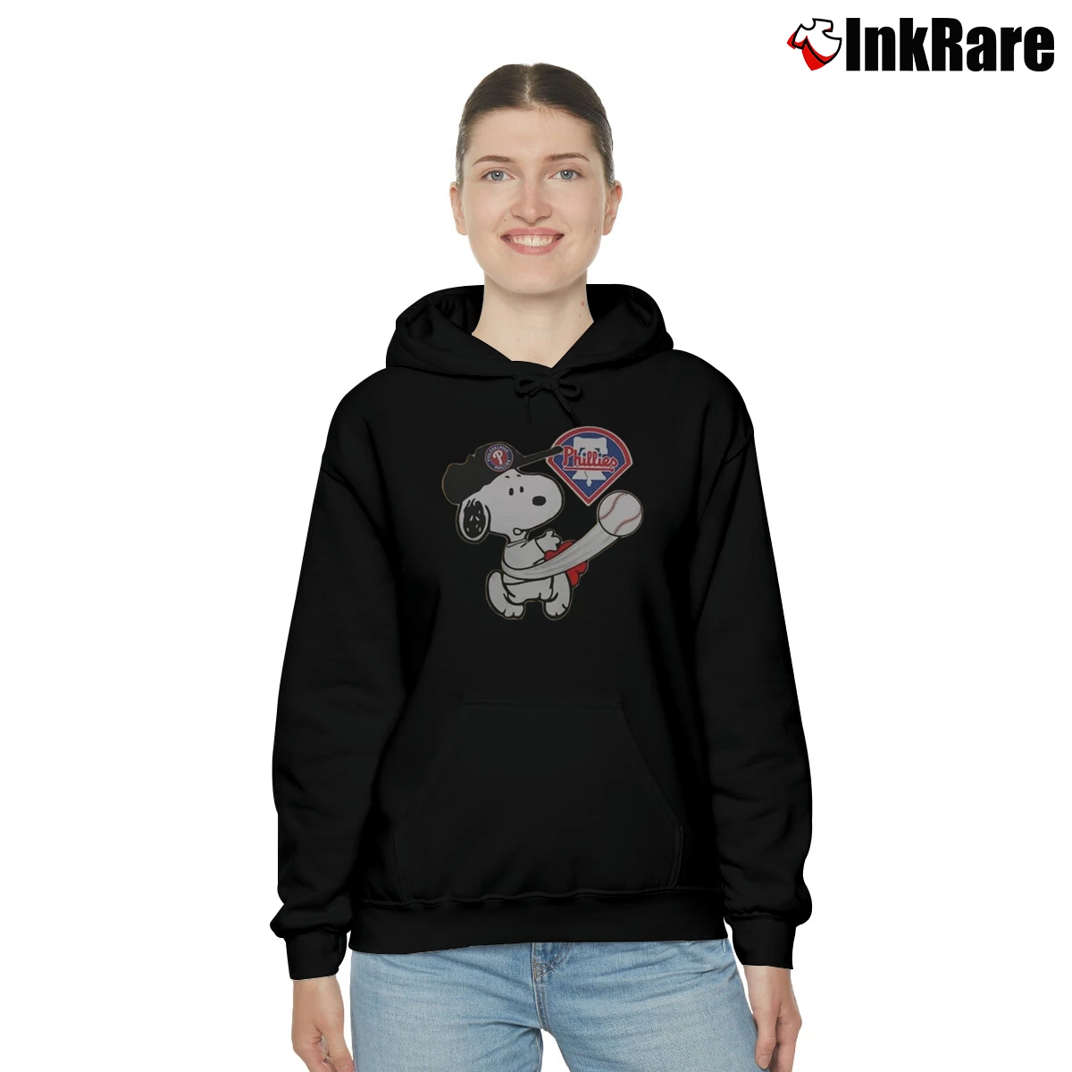 Women’s Snoopy Play Baseball Phillies Team Cozy Hoodie in black | Warm, Structured, Stylish