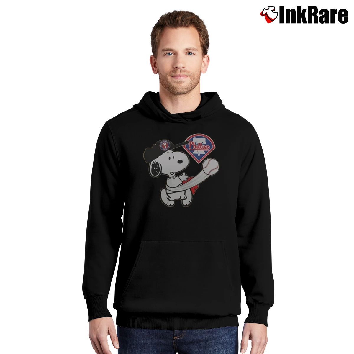 Men’s Snoopy Play Baseball Phillies Team Pullover Hoodie in black | Cozy, Durable, Modern Fit