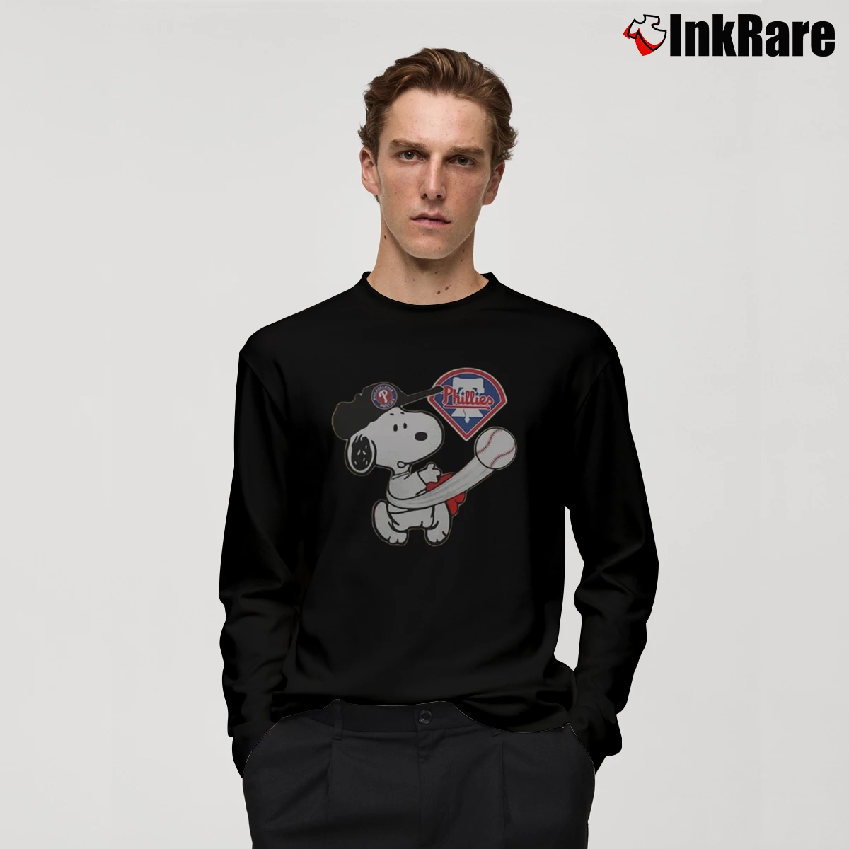 Men’s Snoopy Play Baseball Phillies Team Long-Sleeve Shirt in black | Sleek, Lightweight, Year-Round Wear