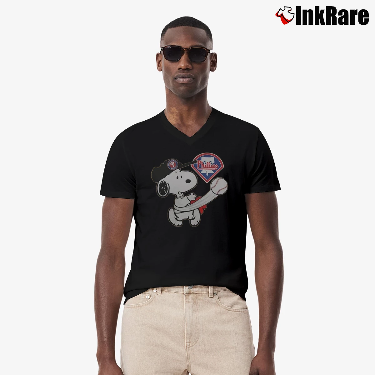 Men’s Snoopy Play Baseball Phillies Team V-Neck Tee in black | Sharp, Breathable, Everyday Staple