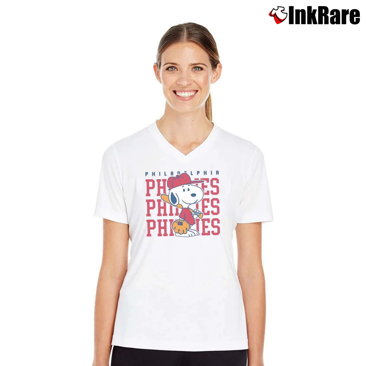Snoopy Playing Baseball Philadelphia Phillies Women’s V-Neck Tee in white – Flattering Fit Women’s Snoopy Playing Baseball Philadelphia Phillies V-Neck Tee in white | Chic Neckline, Soft Texture