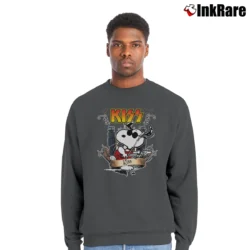 Men’s Snoopy Playing Guitar Kiss Crewneck Sweatshirt in charcoal | Cozy Fabric, Clean Style