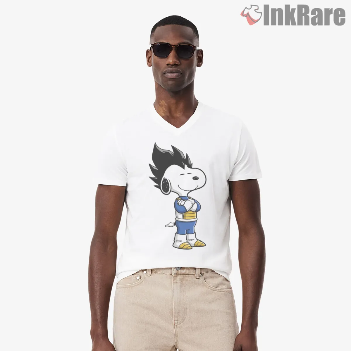 Snoopy Prince Of Saiyans Vegeta Cosplay V Neck White Snoopy Prince Of Saiyans Vegeta Cosplay Shirt on white v-neck shirt for men graphic tee