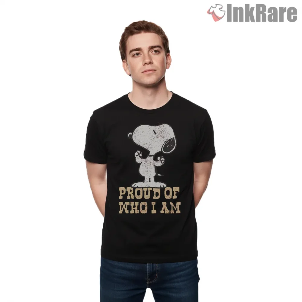 Snoopy Proud Of Who I Am Motivational Shirt on black short sleeve shirt for men graphic tee