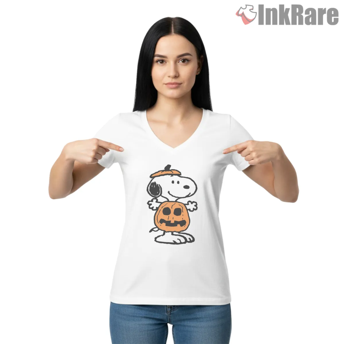 Snoopy Pumpkin Costume Halloween V Neck White Snoopy Pumpkin Costume Halloween Shirt on white v-neck shirt for women graphic tee