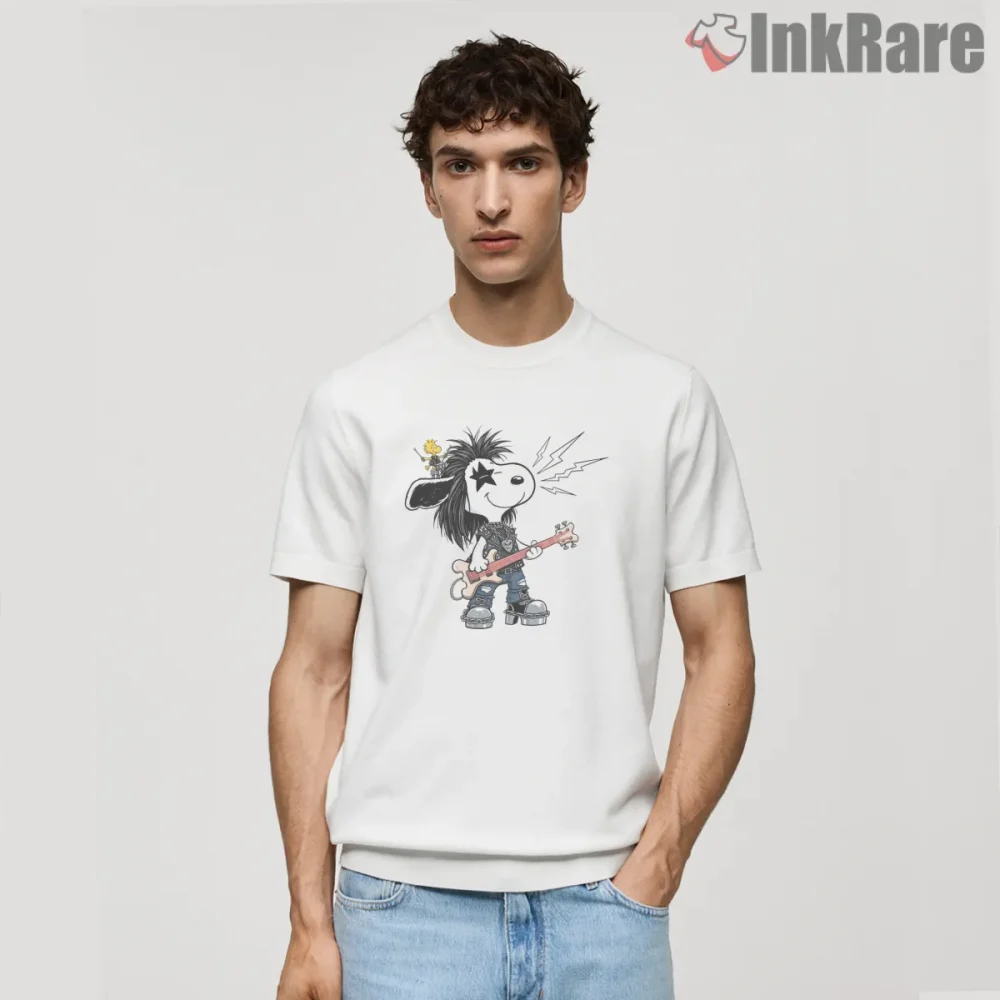 Snoopy Punk Rock Band Guitar Shirt on white short sleeve shirt for men graphic tee