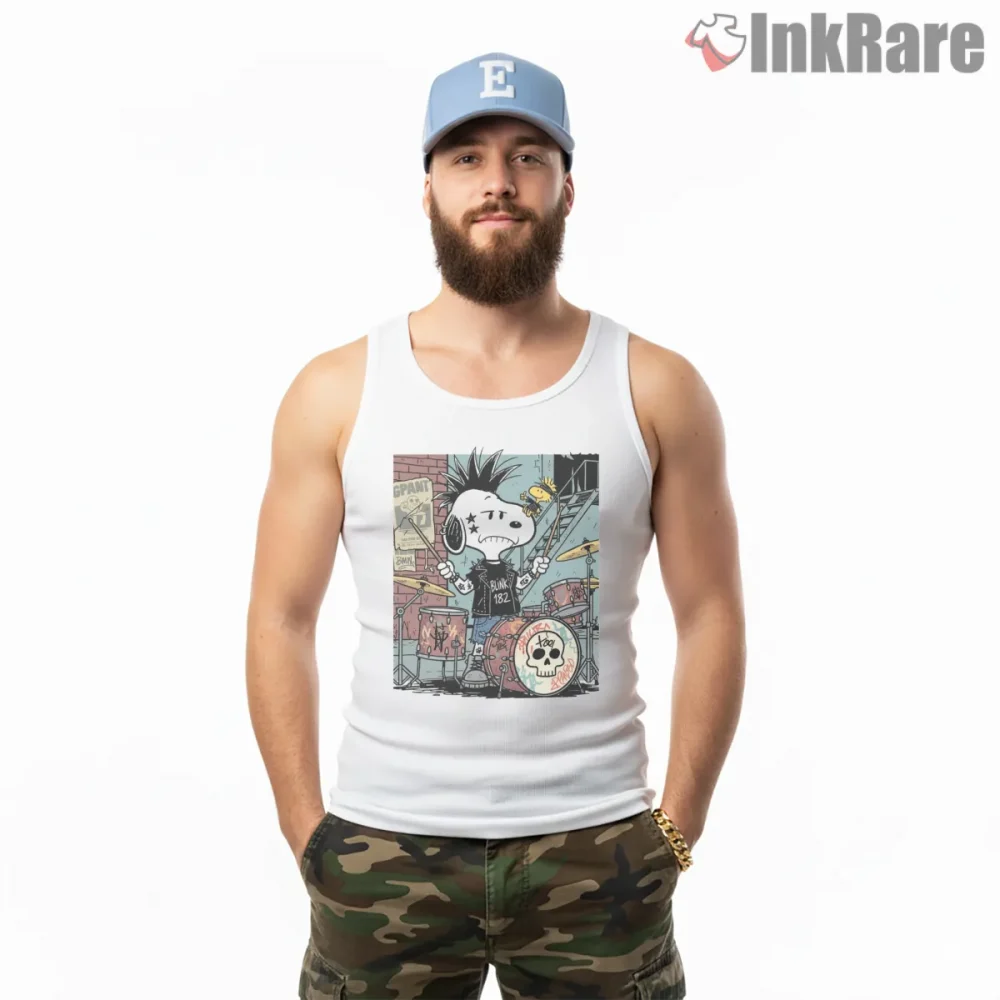 Snoopy Punk Rock Drum Poster Shirt on white tank top for men graphic tee