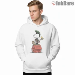 Snoopy Punk Rock Guitar On Doghouse Shirt on white hoodie for men graphic tee