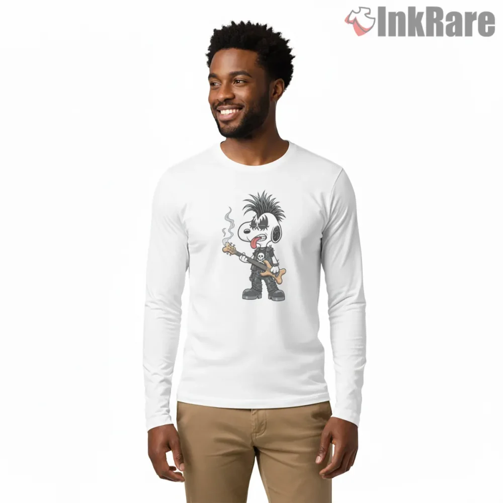 Snoopy Punk Rock Guitar Rebel Shirt on white long sleeve shirt for men graphic tee