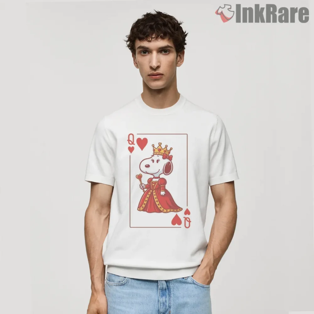 Snoopy Queen Of Hearts Playing Card Shirt on white short sleeve shirt for men graphic tee