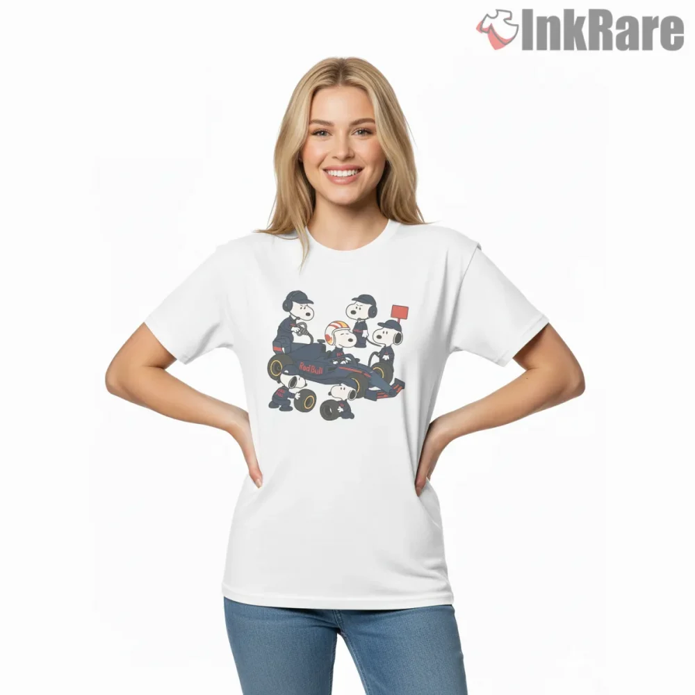 Snoopy Racing Car Pit Crew Action Shirt on white short sleeve shirt for women graphic tee