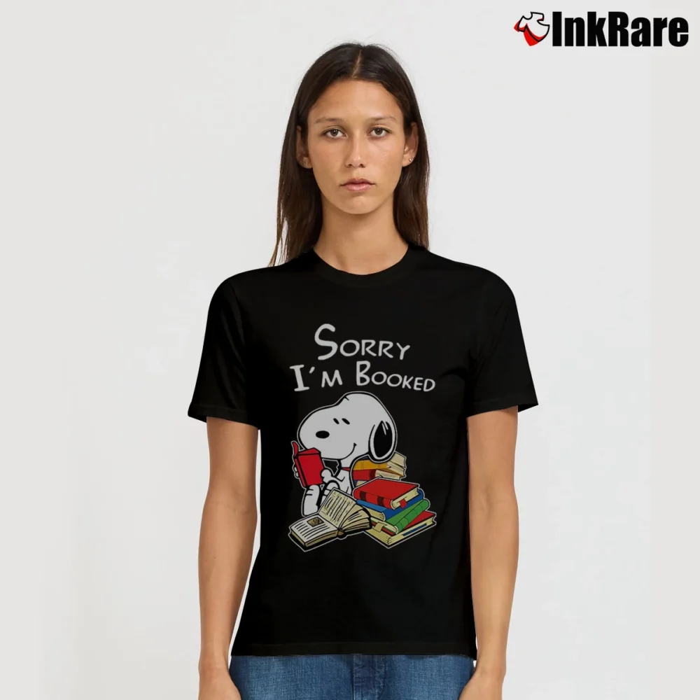 Women’s Snoopy Reading Book Sorry I'm Booked For Book Lover T-Shirt in black | Soft, Flattering Fit