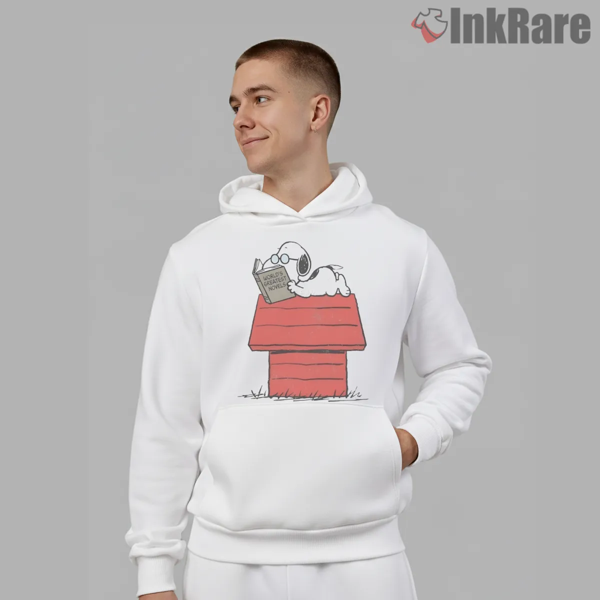 Snoopy Reading On Doghouse Rooftop Hoodie White Snoopy Reading On Doghouse Rooftop Shirt on white hoodie for men graphic tee
