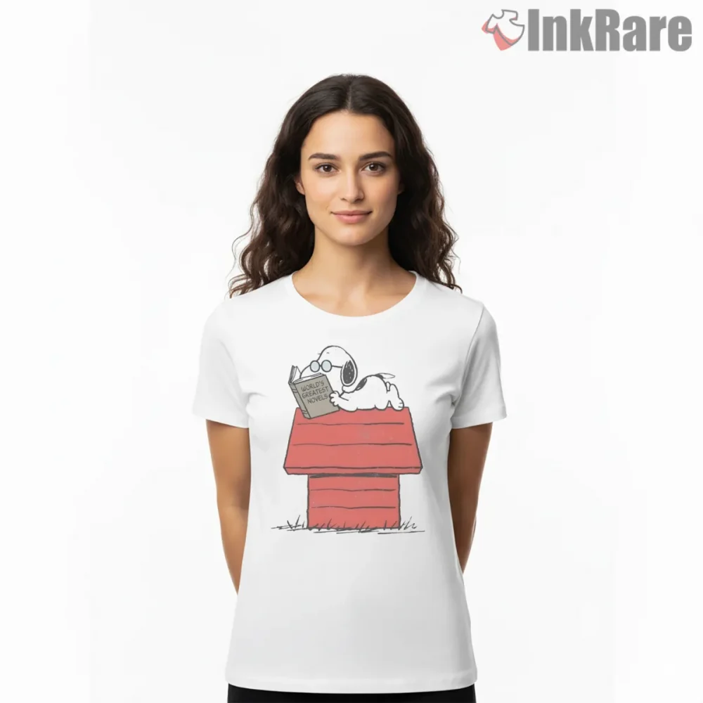 Snoopy Reading On Doghouse Rooftop Shirt on white short sleeve shirt for women graphic tee