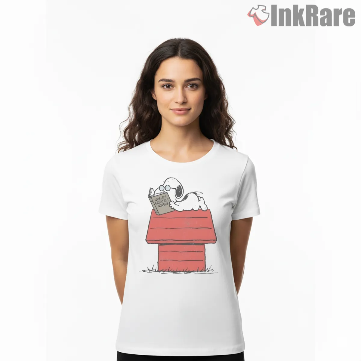 Snoopy Reading On Doghouse Rooftop Short Sleeve White Snoopy Reading On Doghouse Rooftop Shirt on white short sleeve shirt for women graphic tee
