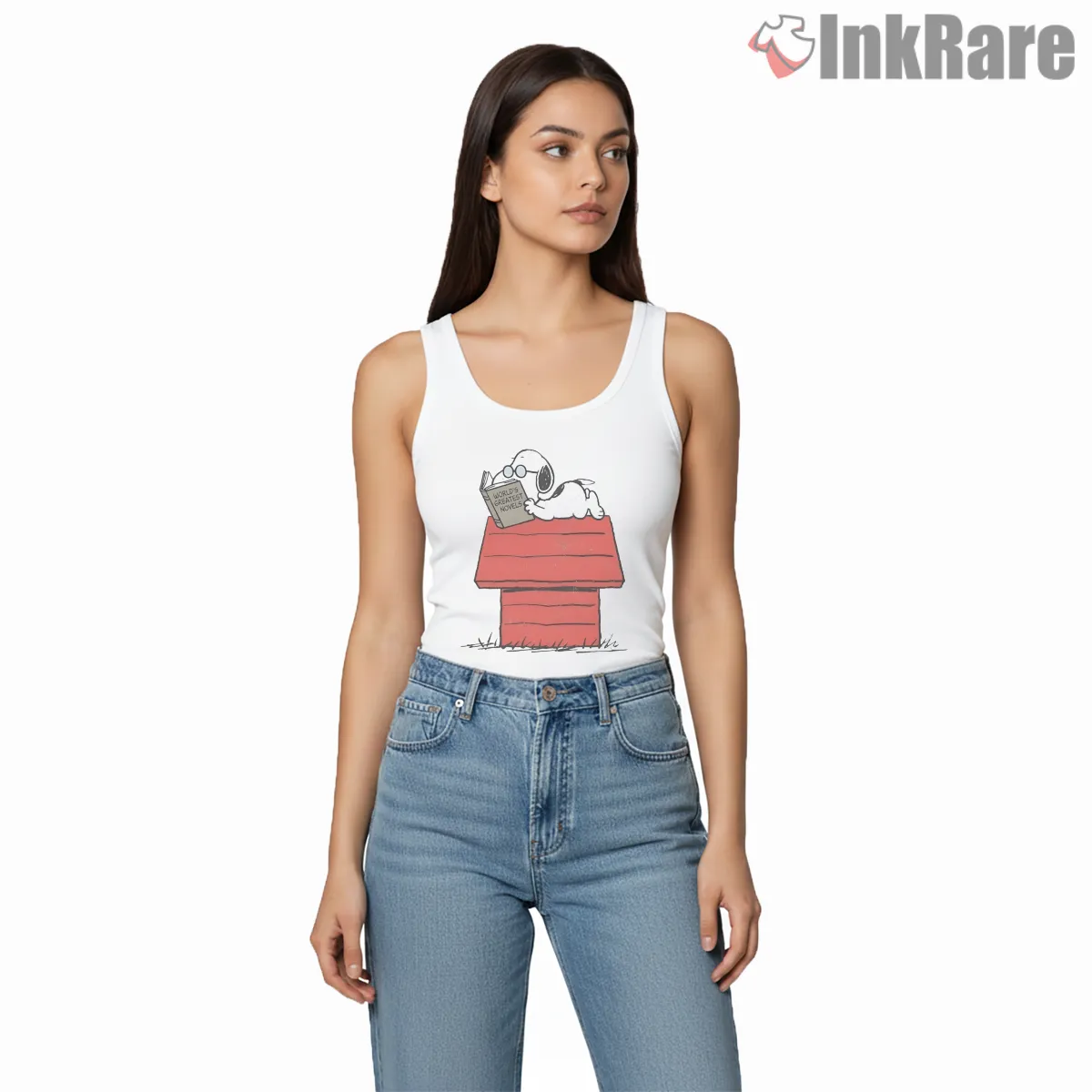 Snoopy Reading On Doghouse Rooftop Shirt on white tank top for women graphic tee