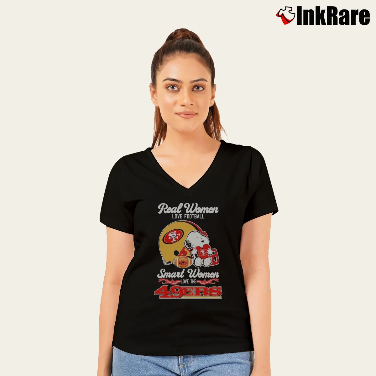 Snoopy Real Women Love Football Smart Women Love The San Francisco 49ers Women’s V-Neck Tee in black – Flattering Fit Women’s Snoopy Real Women Love Football Smart Women Love The San Francisco 49ers V-Neck Tee in black | Chic Neckline, Soft Texture