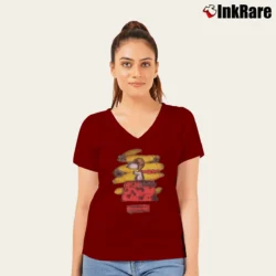 Women’s Snoopy Red Baron Dorney Park Promo V-Neck Tee in maroon | Chic Neckline, Soft Texture