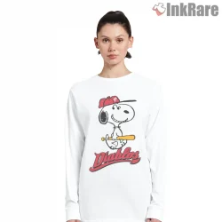 Snoopy Red Cap Baseball Player Retro Shirt on white long sleeve shirt for women graphic tee
