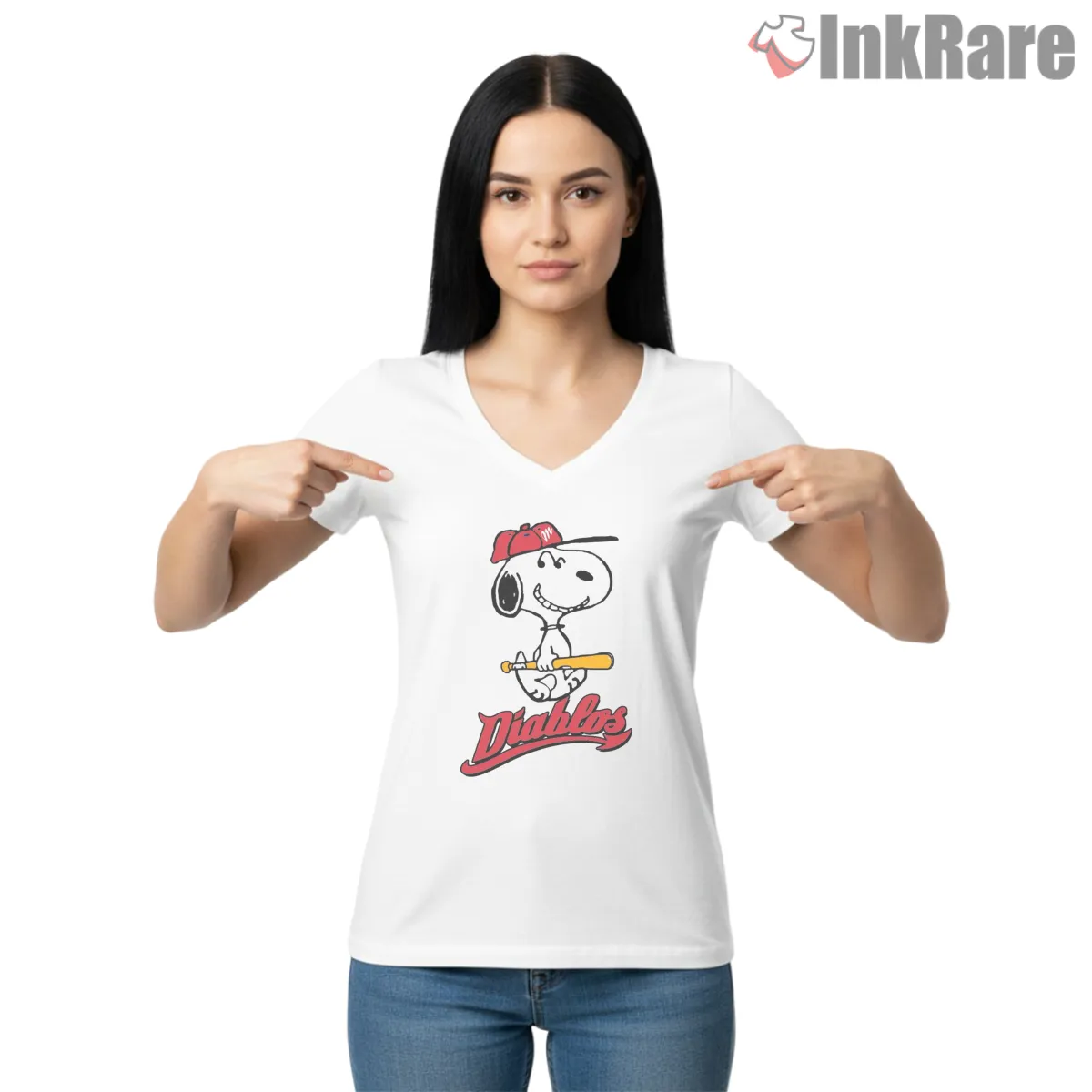 Snoopy Red Cap Baseball Player Retro V Neck White Snoopy Red Cap Baseball Player Retro Shirt on white v-neck shirt for women graphic tee