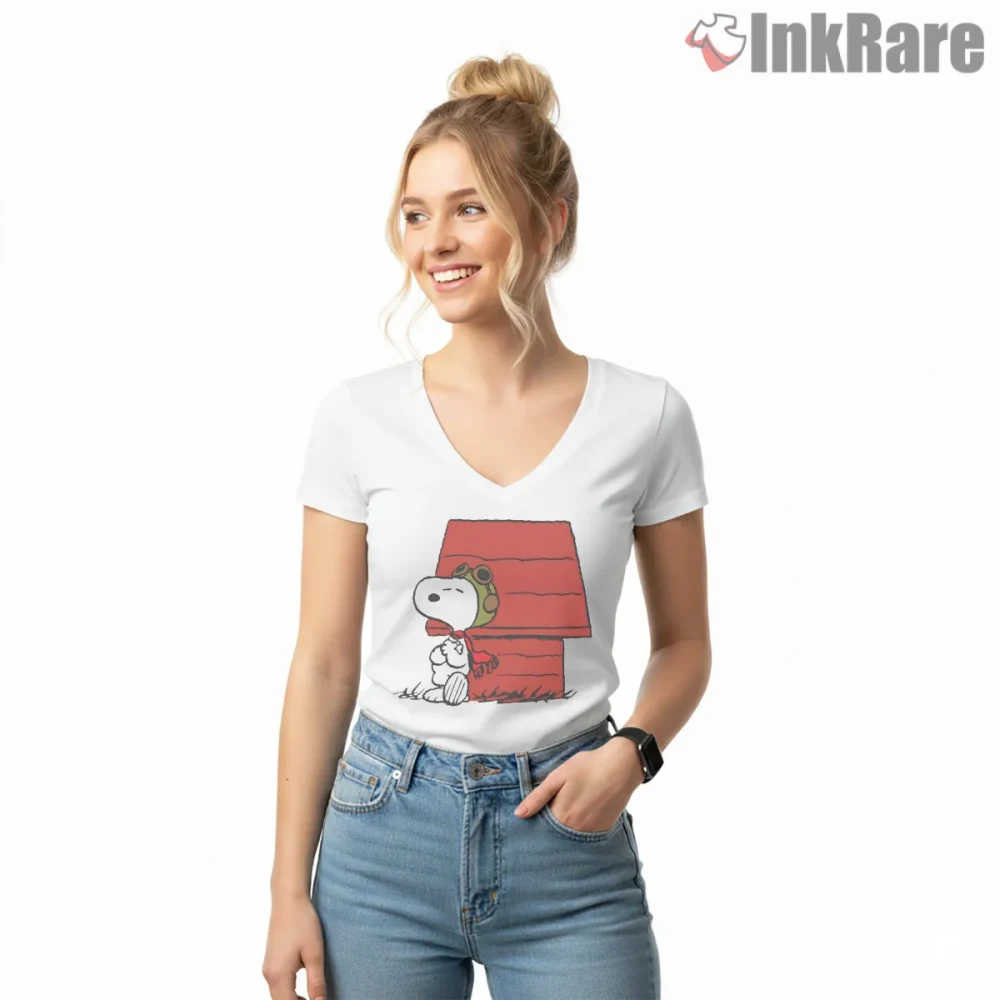 Snoopy Relaxed By The Red Doghouse Shirt on white v-neck shirt for women graphic tee