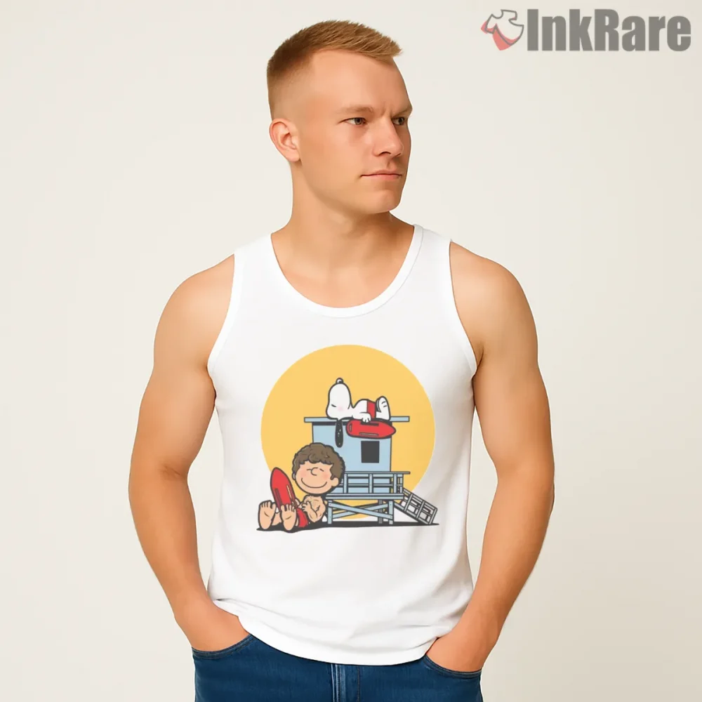 Snoopy Relaxing Beach Lifeguard Shirt on white tank top for men graphic tee