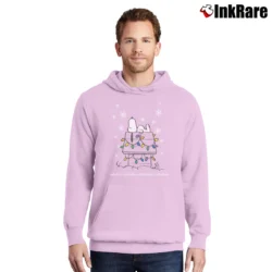 Men’s Snoopy Relaxing Dog House Christmas Lights Pullover Hoodie in light pink | Cozy, Durable, Modern Fit