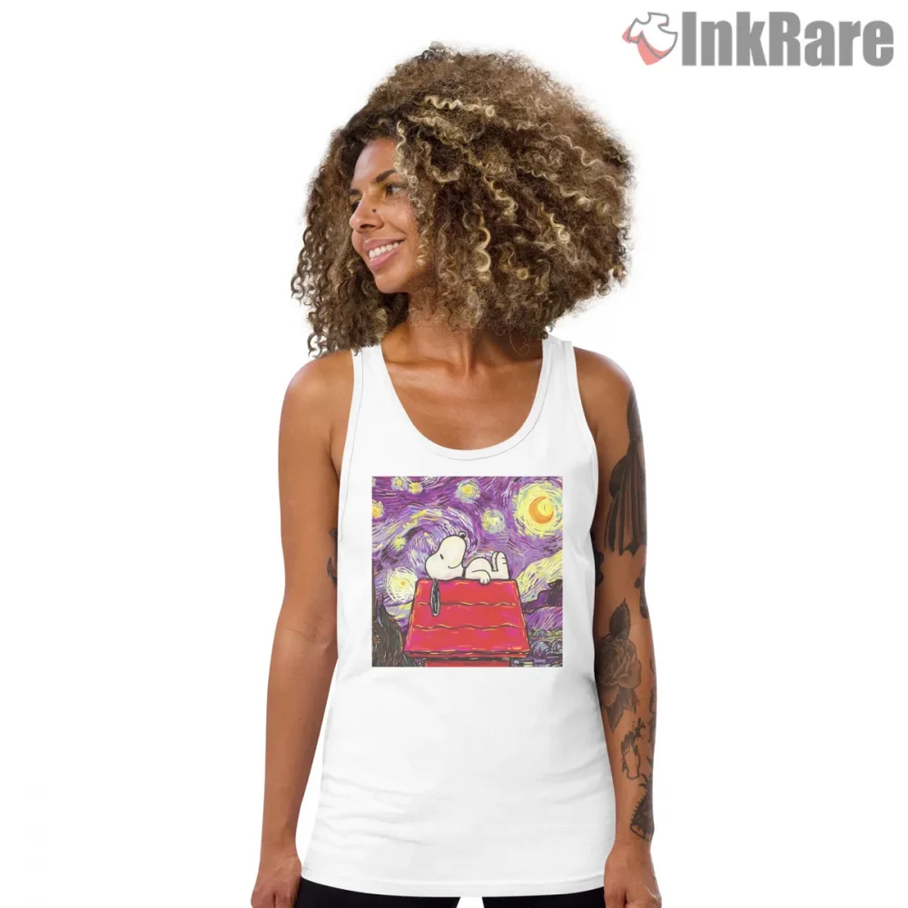 Snoopy Relaxing On Doghouse Starry Night Shirt on white tank top for women graphic tee