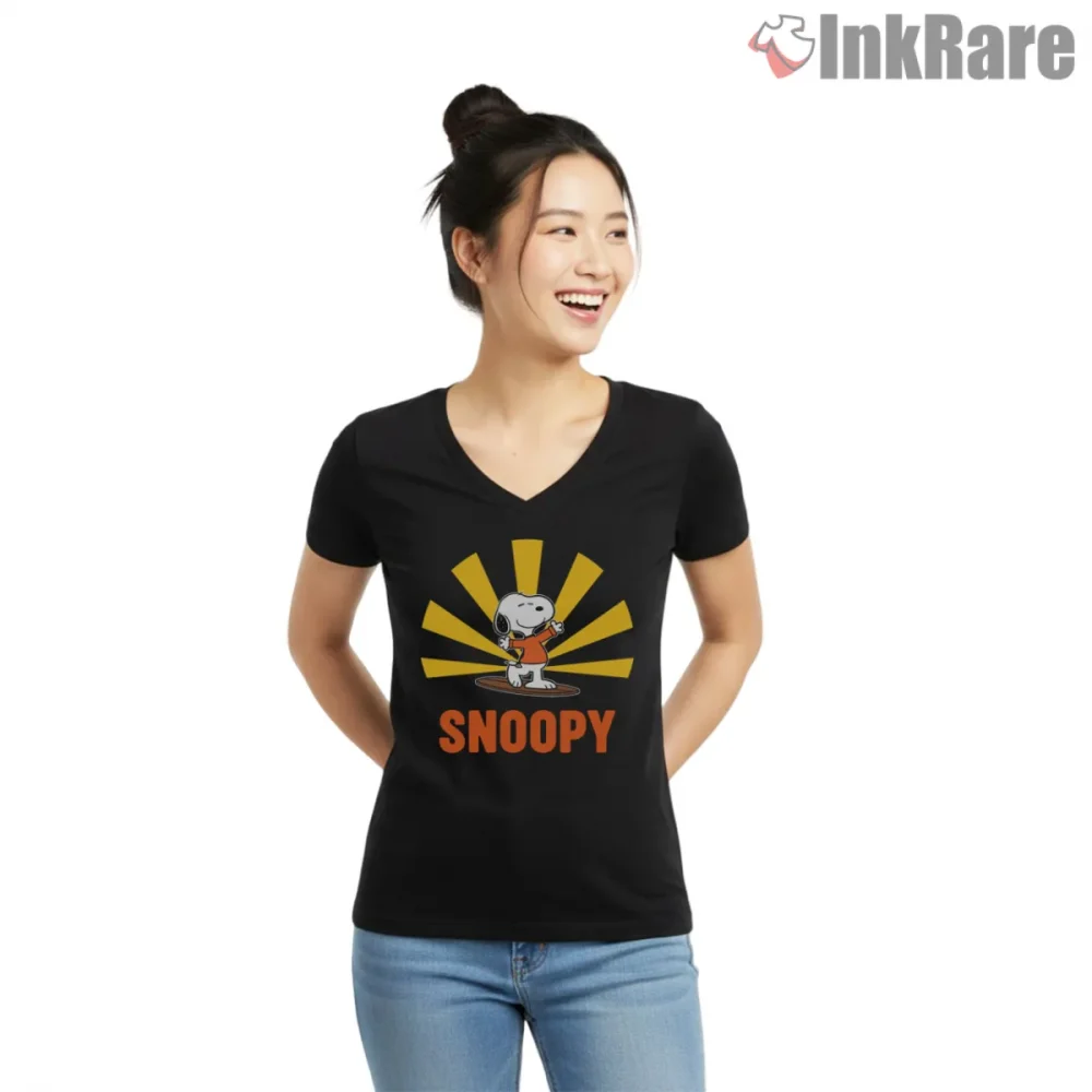 Snoopy Retro Japanese Rising Sun Graphic Shirt on black v-neck shirt for women graphic tee
