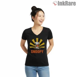 Snoopy Retro Japanese Rising Sun Graphic Shirt on black v-neck shirt for women graphic tee