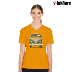 Women’s Snoopy Ride Volkswagen Bus V-Neck Tee in orange | Chic Neckline, Soft Texture