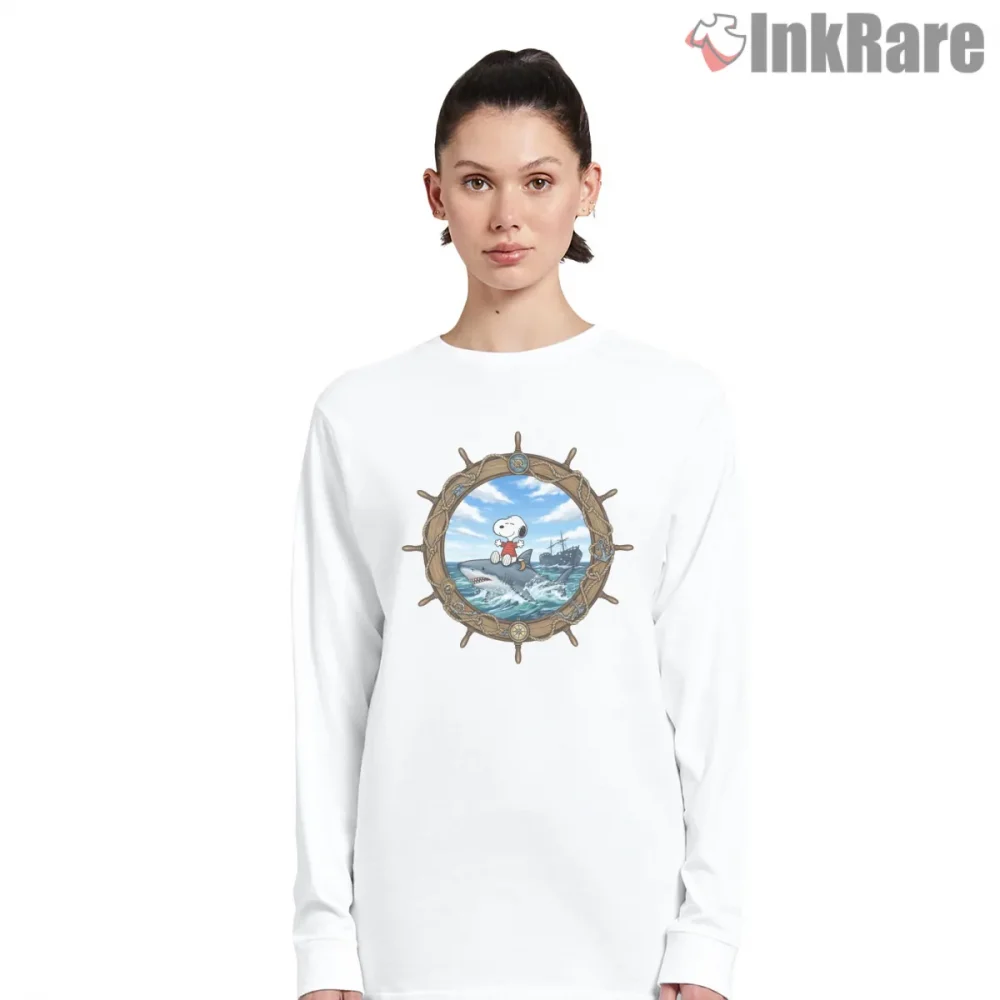 Snoopy Riding Shark Ocean Adventure Shirt on white long sleeve shirt for women graphic tee