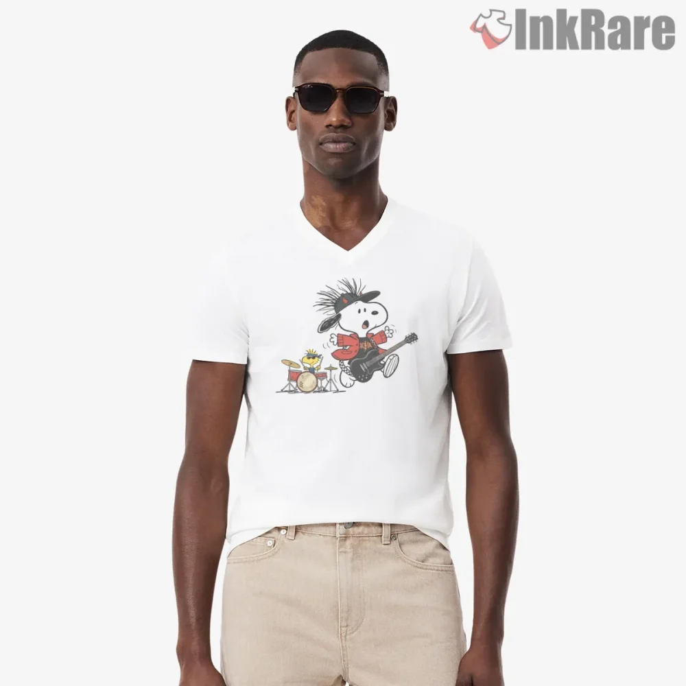 Snoopy Rock Band Guitar Shirt on white v-neck shirt for men graphic tee