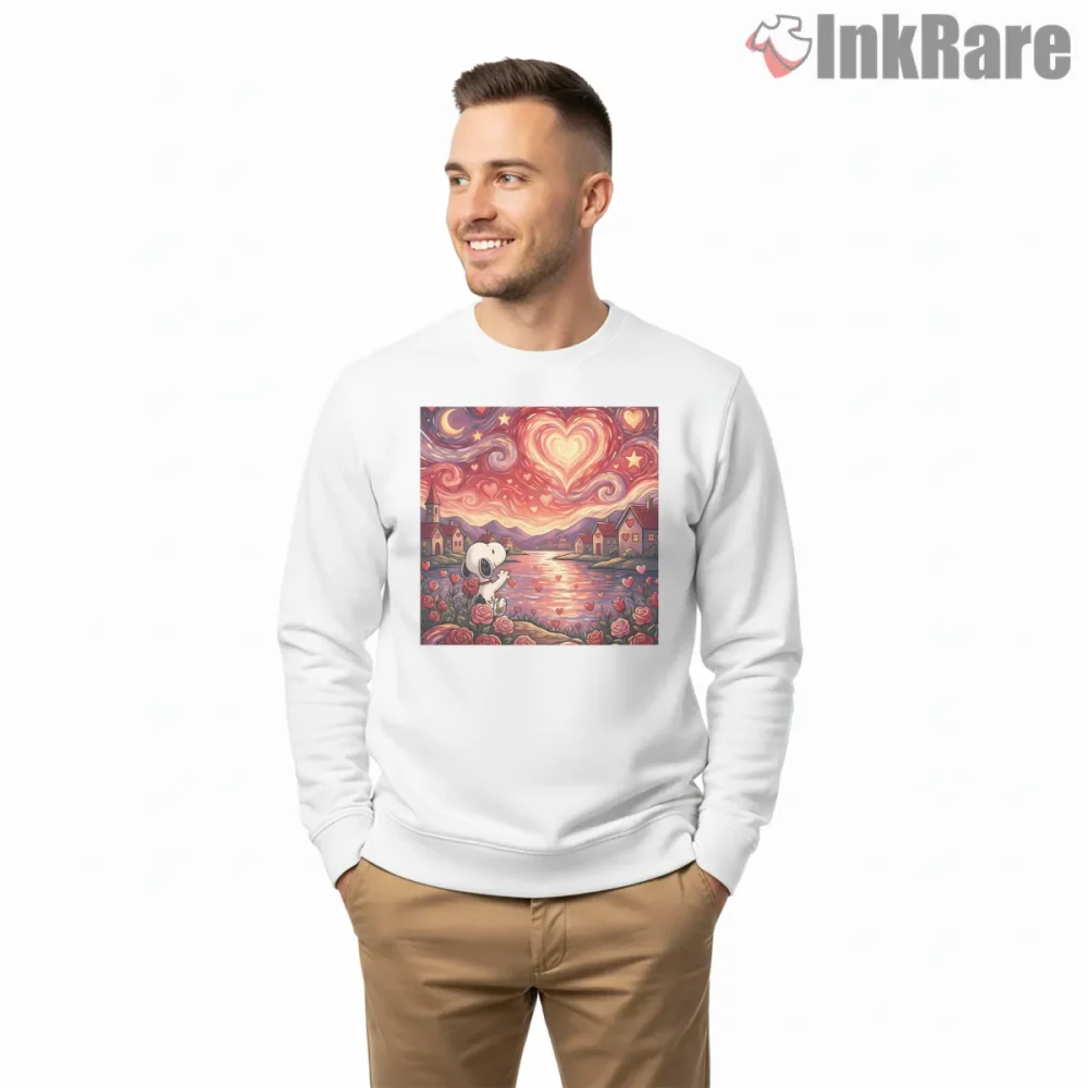 Snoopy Romantic Heart Sky Village Shirt on graphic shirt for men graphic tee