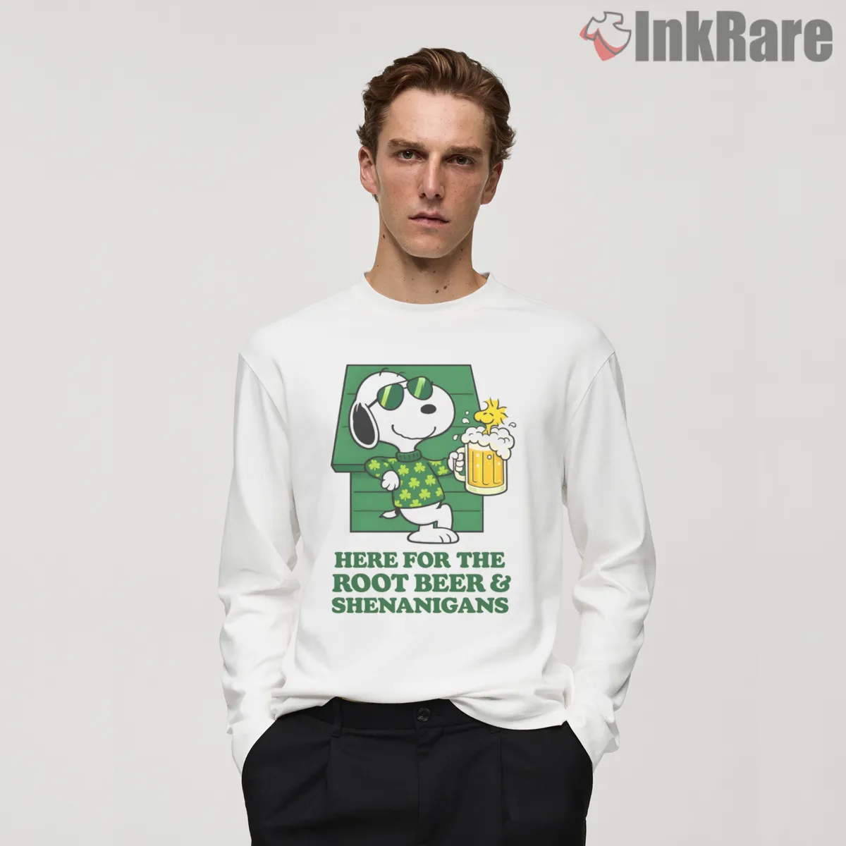 Snoopy Root Beer And Shenanigans Party Long Sleeve White Snoopy Root Beer And Shenanigans Party Shirt on white long sleeve shirt for men graphic tee