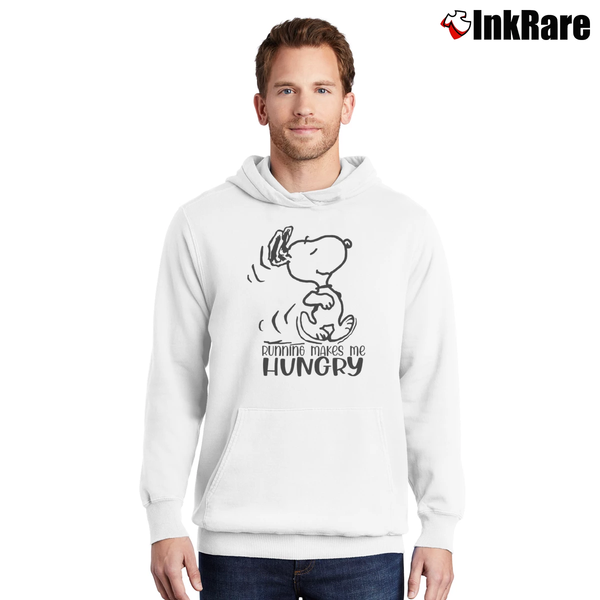 Snoopy Running Make Me Hungry Men’s Pullover Hoodie in white – Ultimate Warmth Men’s Snoopy Running Make Me Hungry Pullover Hoodie in white | Cozy, Durable, Modern Fit
