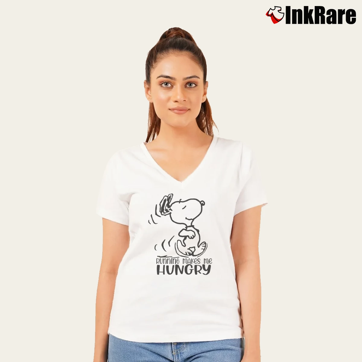Snoopy Running Make Me Hungry Women’s V-Neck Tee in white – Flattering Fit Women’s Snoopy Running Make Me Hungry V-Neck Tee in white | Chic Neckline, Soft Texture