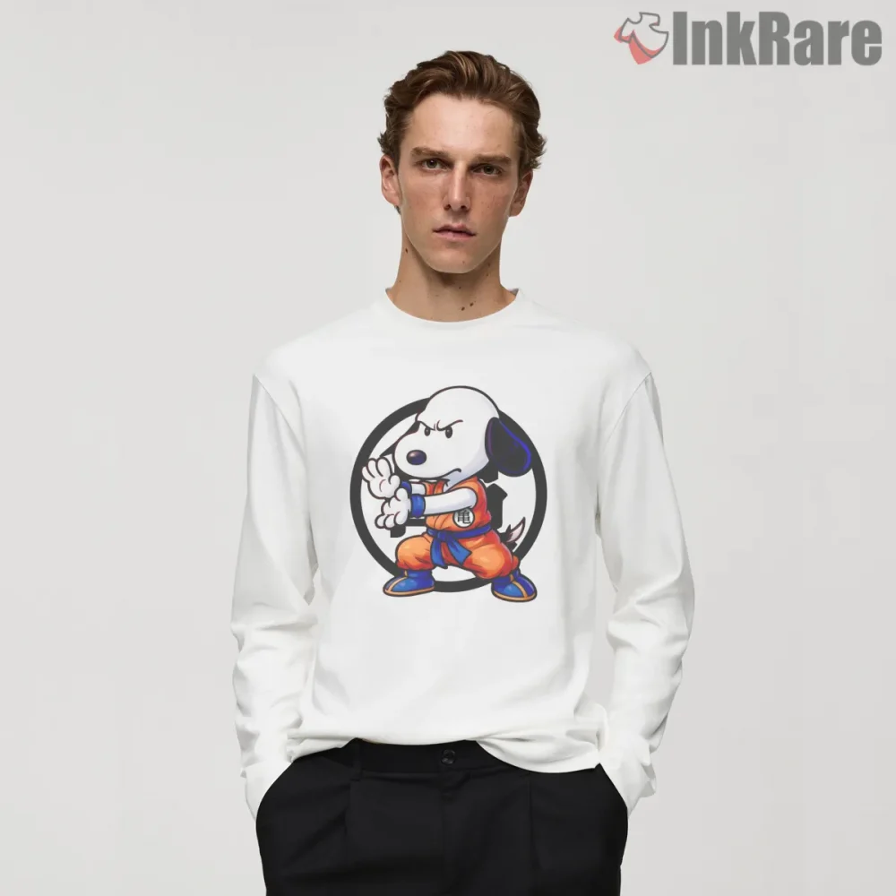 Snoopy Saiyan Inspired Fighter Shirt on white long sleeve shirt for men graphic tee