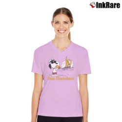 Women’s Snoopy San Francisco V-Neck Tee in light pink | Chic Neckline, Soft Texture