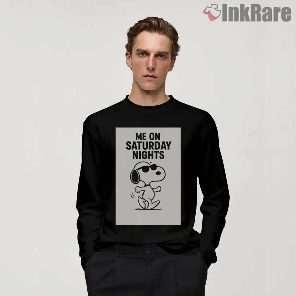 Snoopy Saturday Night Dance Graphic Shirt on black long sleeve shirt for men graphic tee